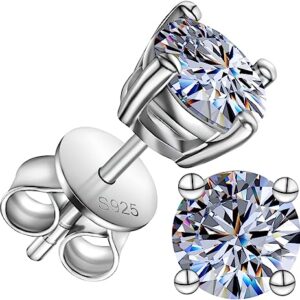 Moissanite Stud Earrings,1CT-2CT D Color 18K White Gold Plated 925 Sterling Silver,Lab Created Moissanite Diamond Stud Earrings, Round Brilliant Cut Stud with Friction Backs for Women and Men